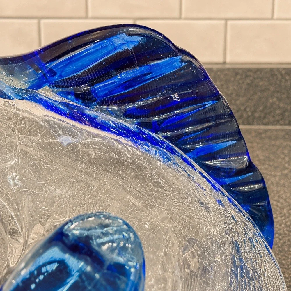 Art Glass Mexican Fish Crackle Glass Cobalt Blue Nautical Big Mouth Ashtray